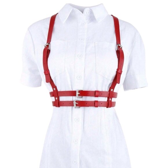 Women Plus Size Gothic Style Red PU Leather Sexy Harness Waist Belt - Picture 2 of 4